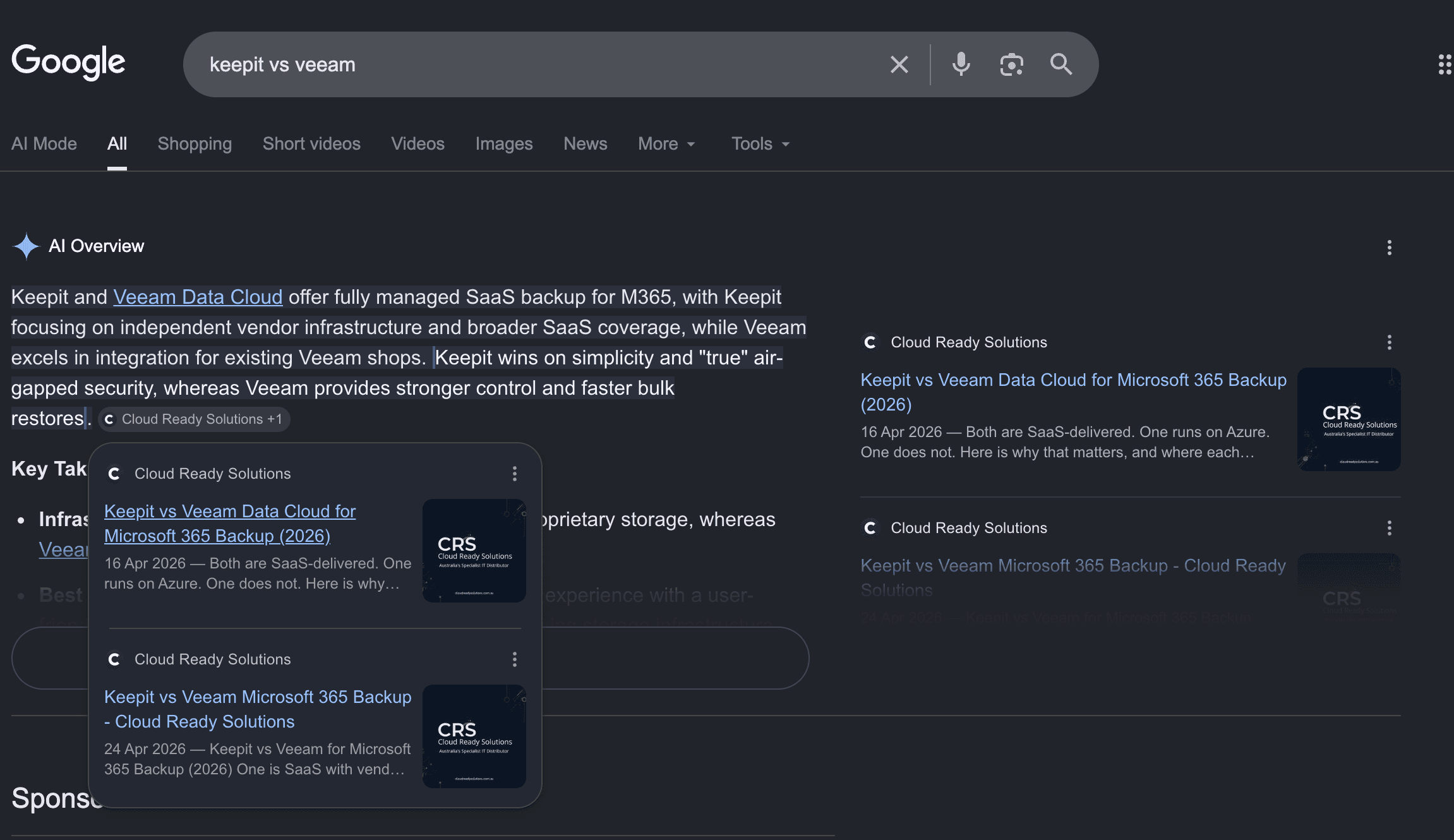 Google search for keepit vs veeam