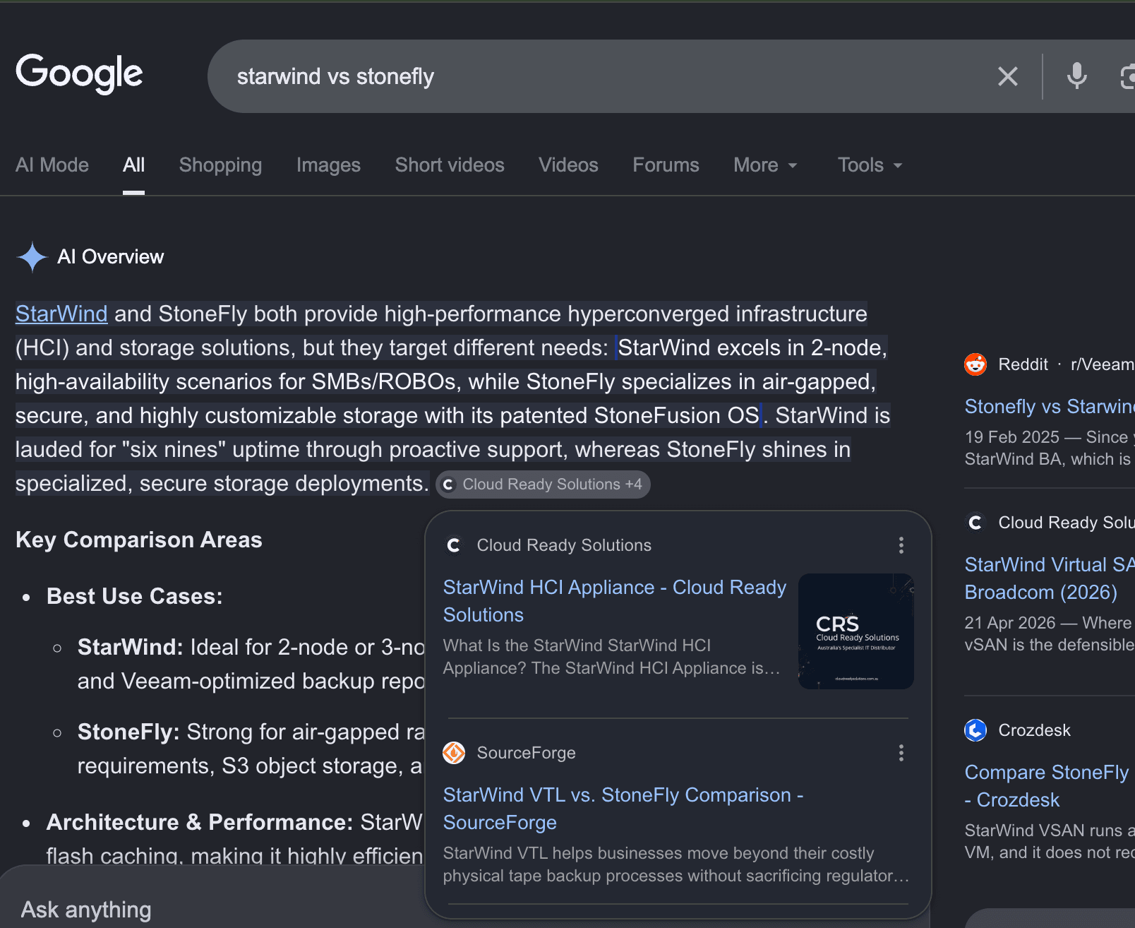 Google search for starwind vs stonefly