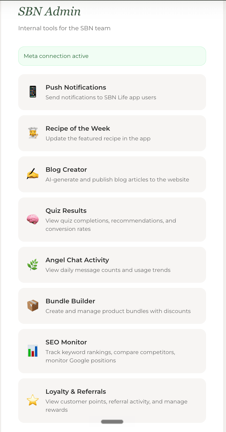 SBN Admin — internal mobile dashboard