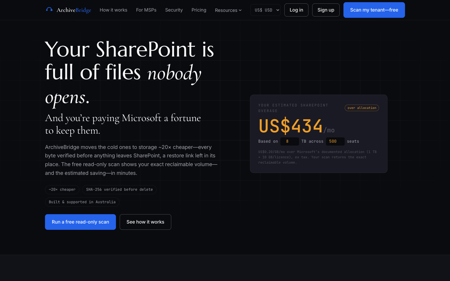 ArchiveBridge homepage with the SharePoint overage calculator